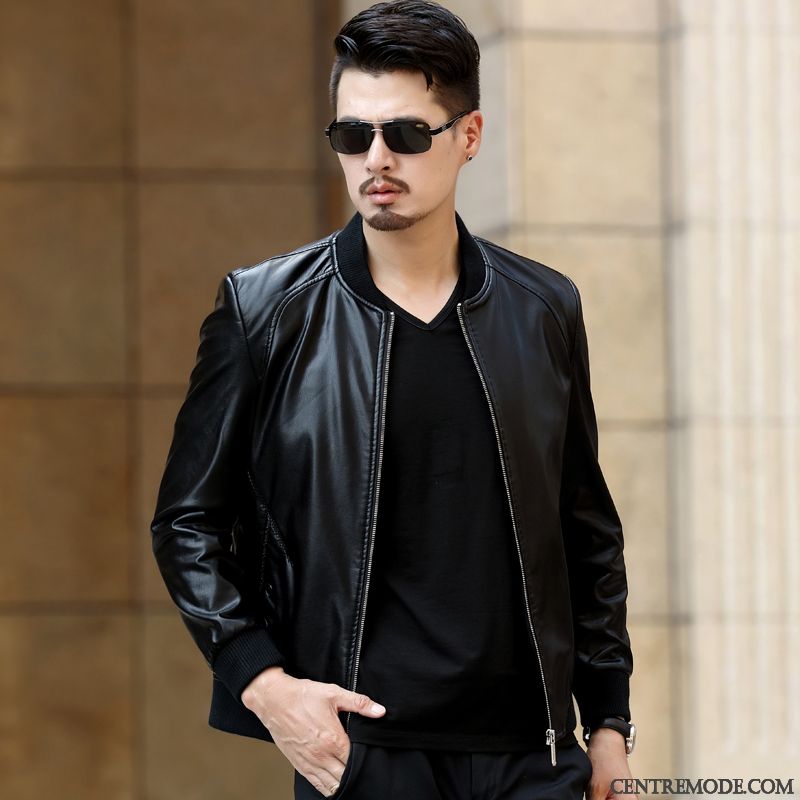 Vestes En Cuir Homme Pu Printemps Âge Moyen Court Veste En Cuir Manteau Noir