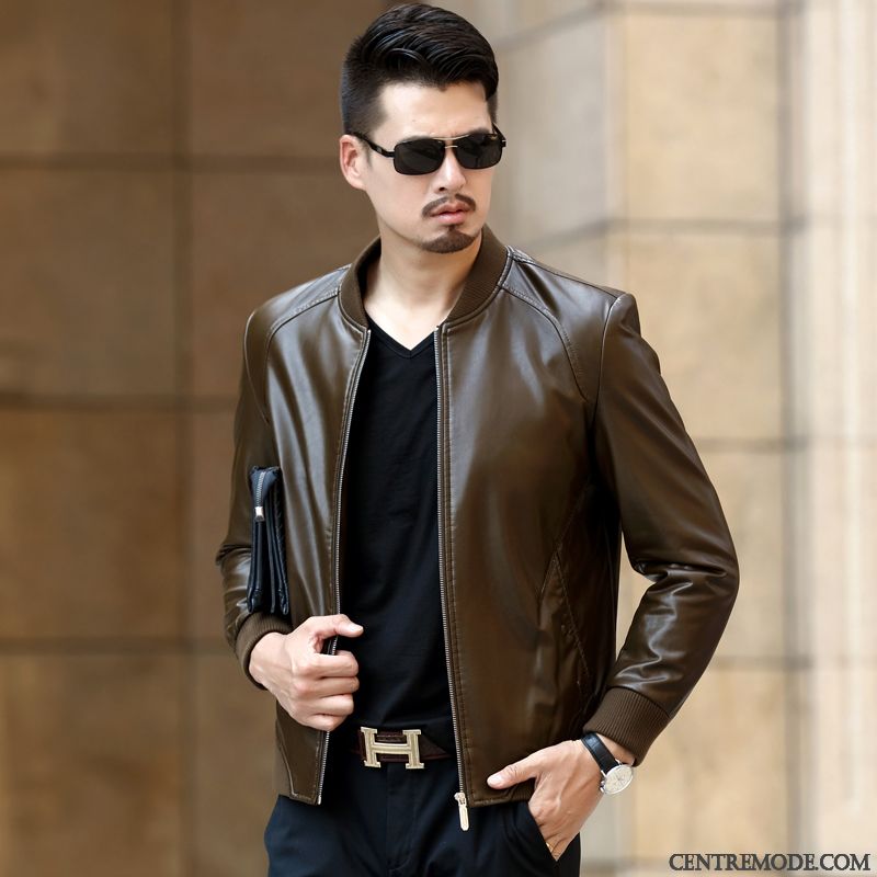 Vestes En Cuir Homme Pu Printemps Âge Moyen Court Veste En Cuir Manteau Noir