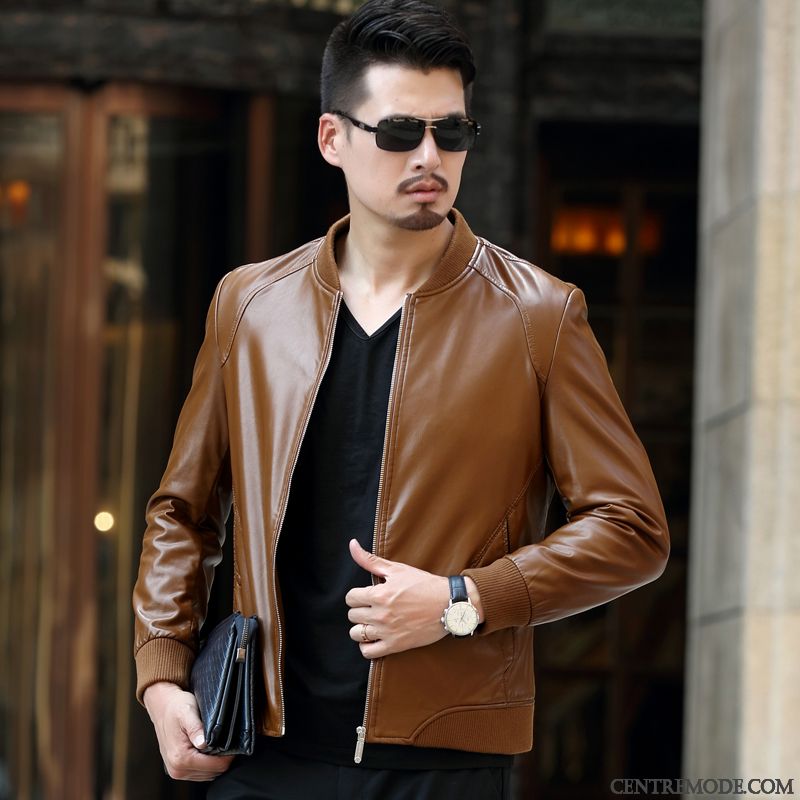 Vestes En Cuir Homme Pu Printemps Âge Moyen Court Veste En Cuir Manteau Noir