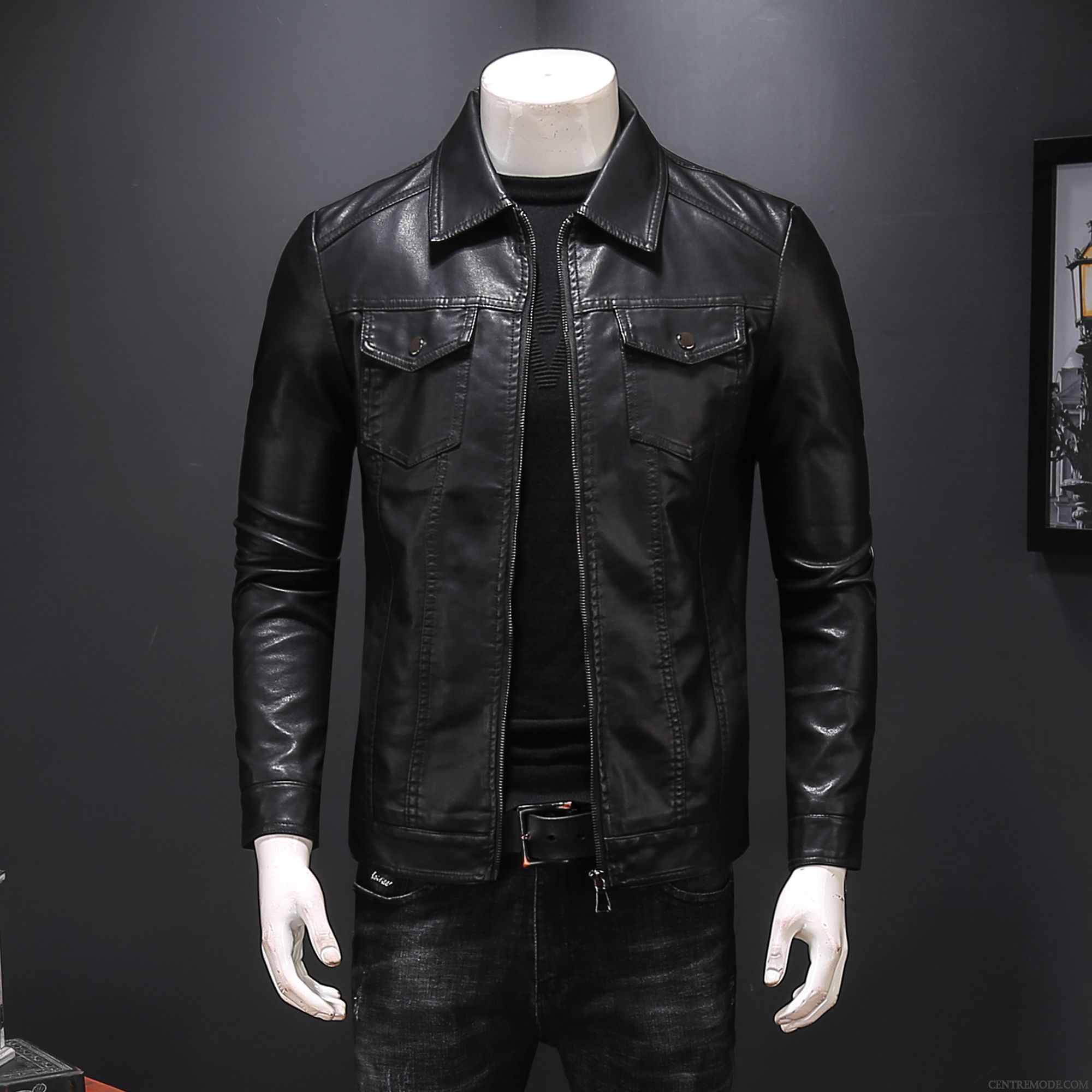 Vestes En Cuir Homme Slim Légère Veste En Cuir Vêtements Moto Manteau L'automne Noir