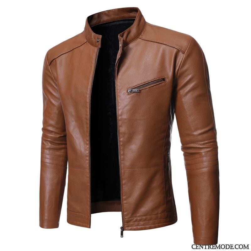 Vestes En Cuir Homme Slim Tendance Col Mandarin Beau Manteau Veste En Cuir Bleu