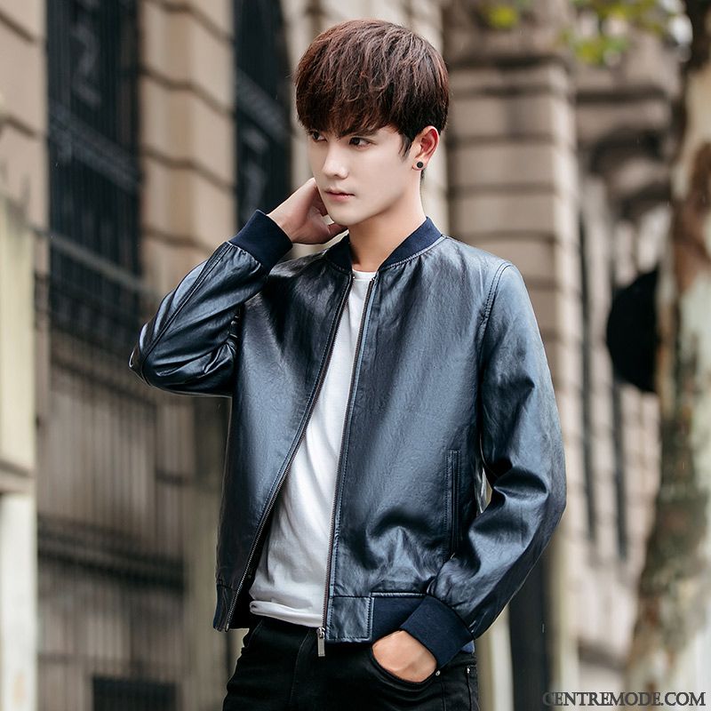 Vestes En Cuir Homme Veste En Cuir Beau Slim L'automne Tendance Manteau Impression Brun Foncé
