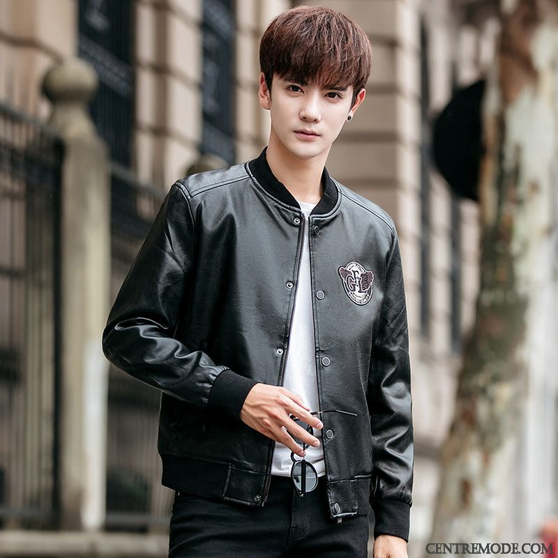 Vestes En Cuir Homme Veste En Cuir Beau Slim L'automne Tendance Manteau Impression Brun Foncé
