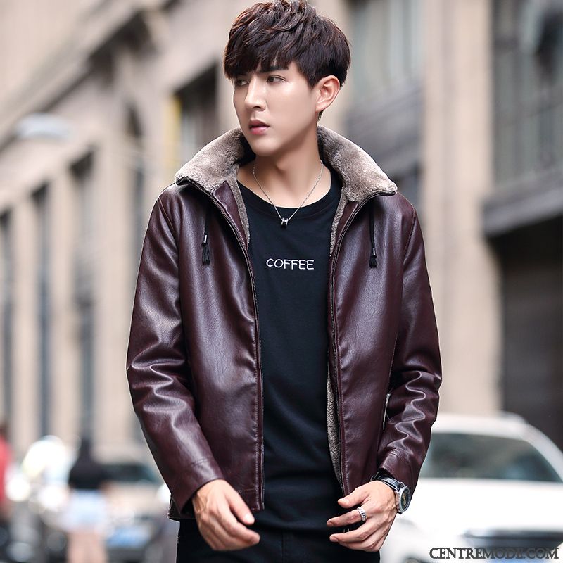 Vestes En Cuir Homme Veste En Cuir Beau Slim L'automne Tendance Manteau Impression Brun Foncé