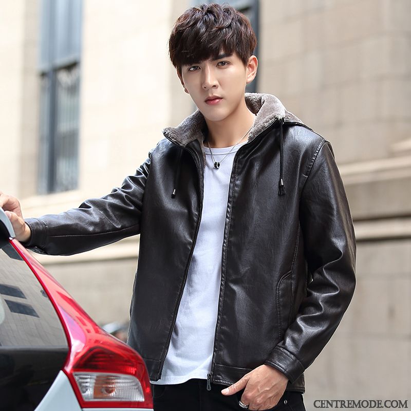 Vestes En Cuir Homme Veste En Cuir Beau Slim L'automne Tendance Manteau Impression Brun Foncé