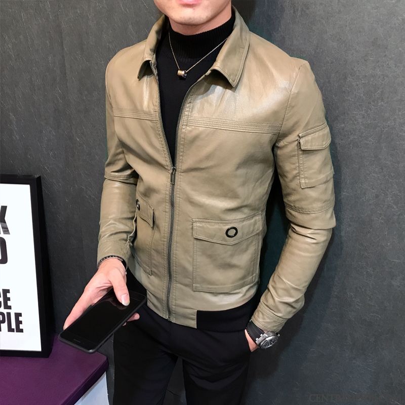 Vestes En Cuir Homme Veste En Cuir L'automne Mode Tendance Manteau Revers Roulé Noir
