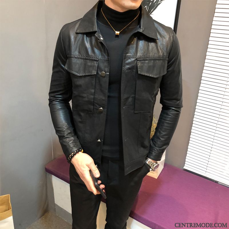 Vestes En Cuir Homme Veste En Cuir L'automne Mode Tendance Manteau Revers Roulé Noir