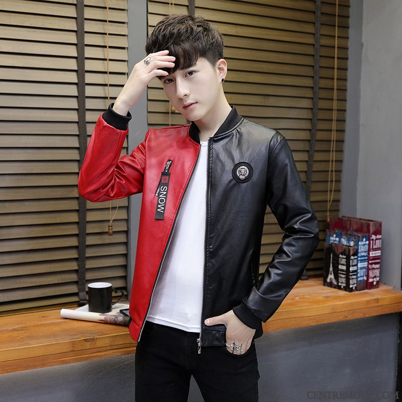 Vestes En Cuir Homme Veste En Cuir Tendance Slim Locomotive Printemps Manteau Rouge
