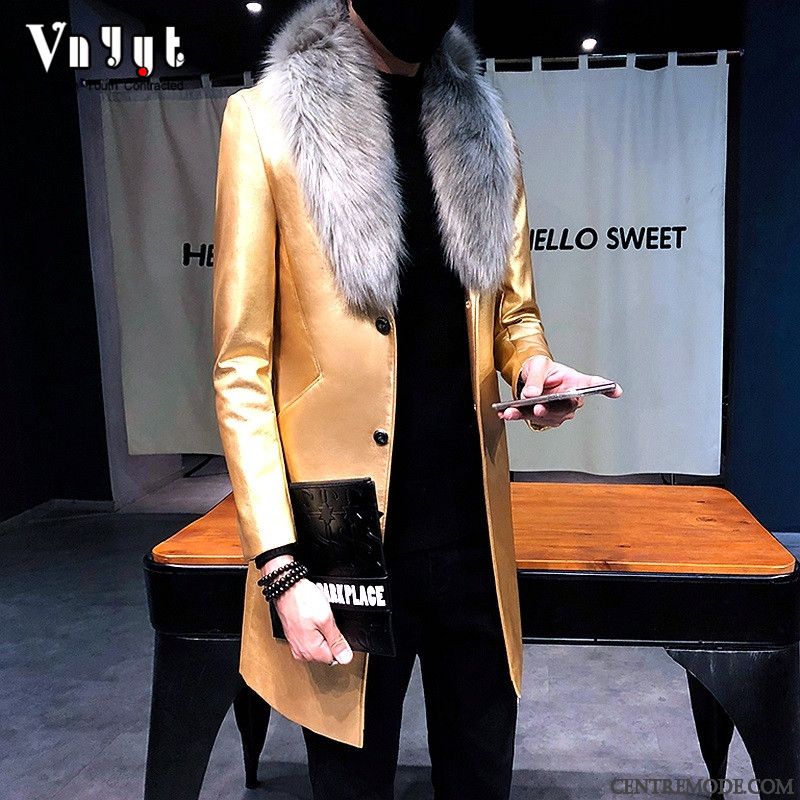 Vestes En Cuir Homme Vêtements D'hiver Fourrure Duvet Longue Parka Beau Manteau Rouge