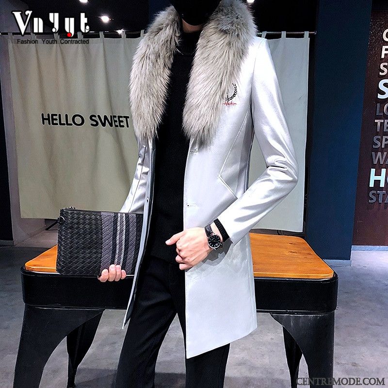 Vestes En Cuir Homme Vêtements D'hiver Fourrure Duvet Longue Parka Beau Manteau Rouge