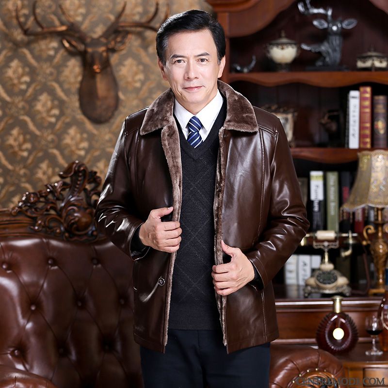 Vestes En Cuir Homme Épaissir Veste En Cuir Décontractée Manteau Âge Moyen Hiver Noir