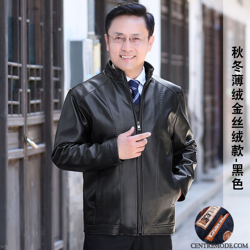 Vestes En Cuir Homme Épaissir Veste En Cuir Décontractée Manteau Âge Moyen Hiver Noir