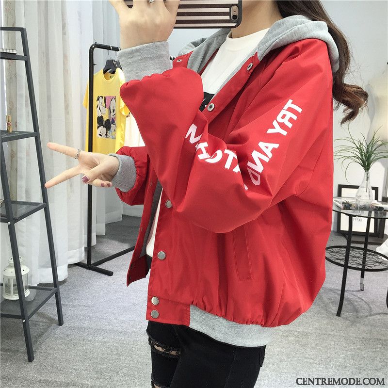 Vestes Femme Capuche Baggy Manteau Court L'automne Vêtements De Baseball Couleurs Mixtes Rouge
