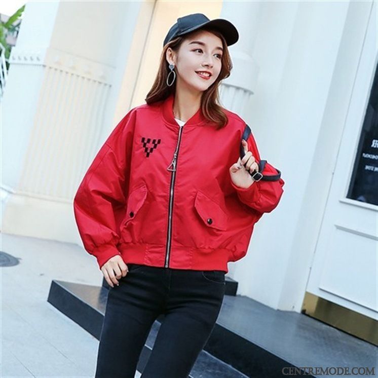 Vestes Femme Court Broderie Vêtements De Baseball Manteau Baggy Printemps Rouge