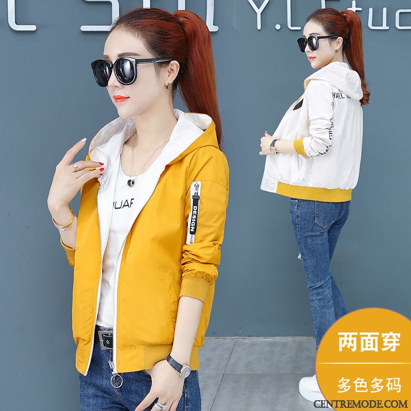 Vestes Femme Les Deux Côtés Portent Manteau Tendance Baggy L'automne Court Jaune
