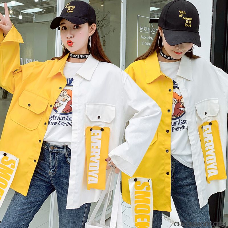 Vestes Femme Vêtements De Baseball Épissure Campus Vent Baggy Asymétrie Étudiant Couleur De Contraste Jaune