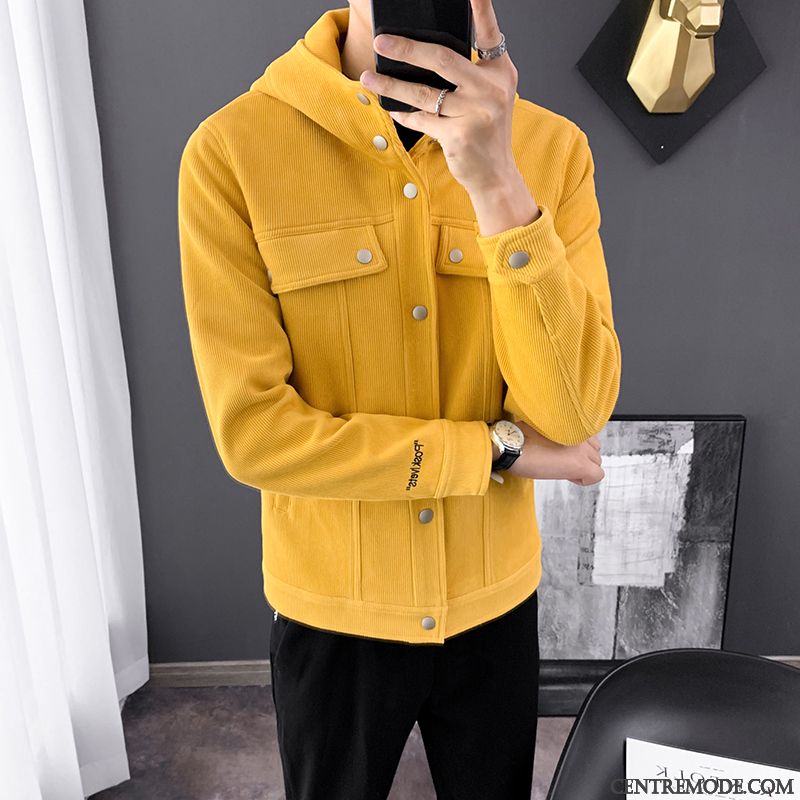 Vestes Homme Manteau Une Veste Capuche Tendance Printemps Velours Côtelé Jaune