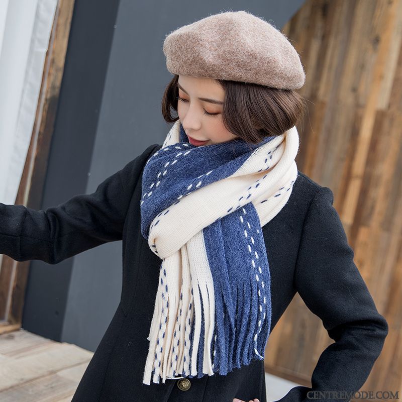 Écharpe Femme Hiver Plus Épais De Laine Longue L'automne Étudiant Bleu Blanc Foncé