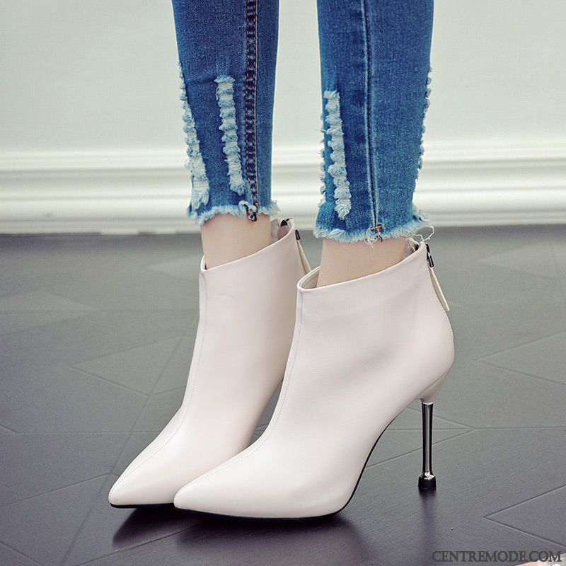 Bottes Femme Bottes Courtes Minces Escarpins Pointe Pointue Bottes Martin Angleterre Blanc Or