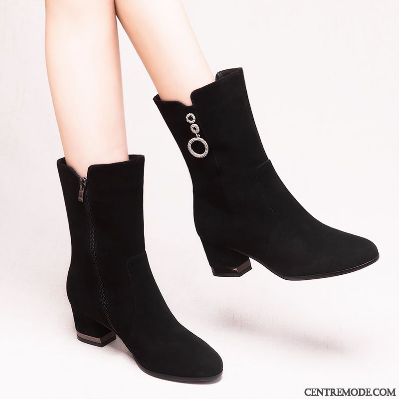 Bottes Femme Cuir Véritable Plus De Velours Bottes Courtes Délavé En Daim Épais Bottes Martin Noir