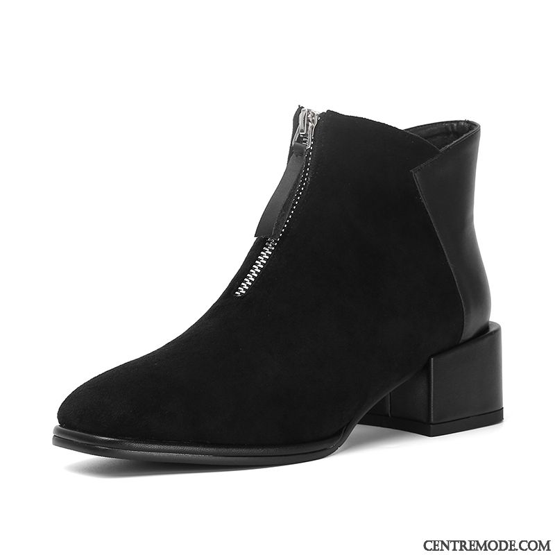 Bottes Femme Cuir Véritable Épais Bottes Martin Fermeture Éclair Bottes Courtes L'automne Noir