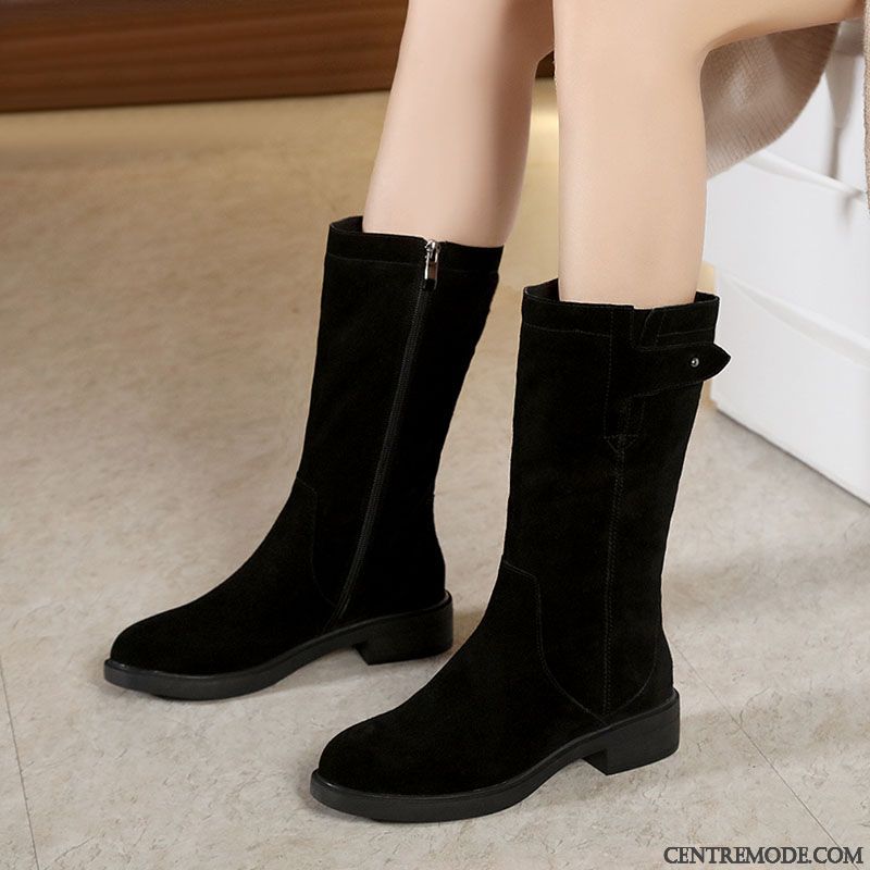 Bottes Femme Délavé En Daim Bottes De Neige Hiver Épais Bottes Chevalier Plates Noir Or