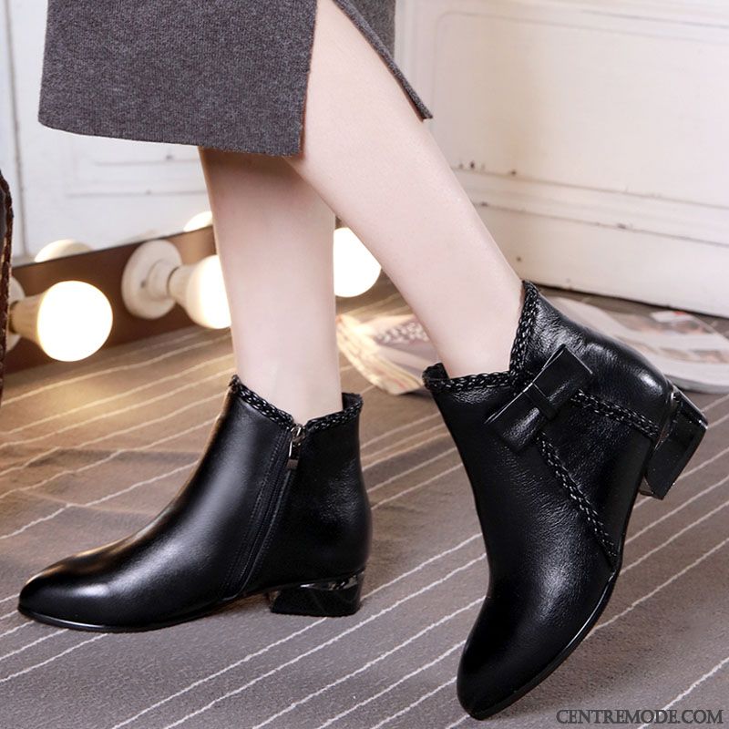 Bottes Femme Grande Taille Cuir Véritable Bottes Courtes Printemps Bottes Martin Tous Les Assortis Noir