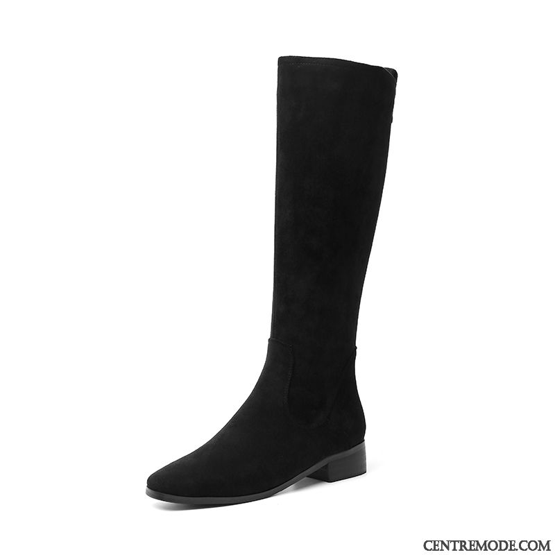 Bottes Femme Haute Hiver Bottes Chevalier Délavé En Daim Élasticité Longue Noir