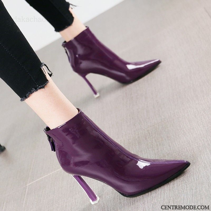 Bottes Femme Hiver Sexy Courte Cuir Verni Bottes Courtes Mode Violet