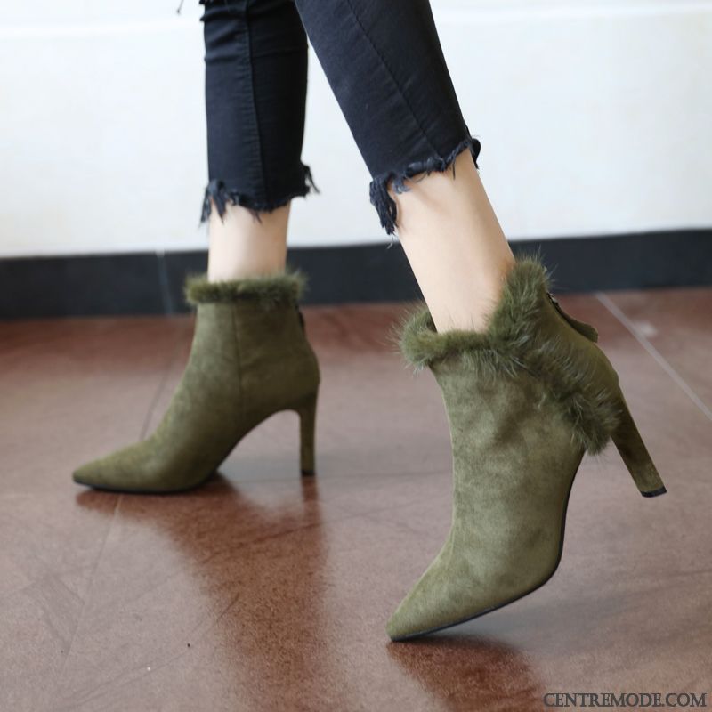Bottes Femme Mode Tempérament Escarpins Hiver Bottes Courtes Plus De Velours Vert Foncé Blanc
