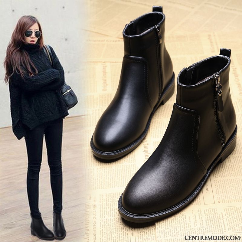 Bottes Femme Plates Bottes Martin Hiver Mode Grande Taille Plus De Velours Noir