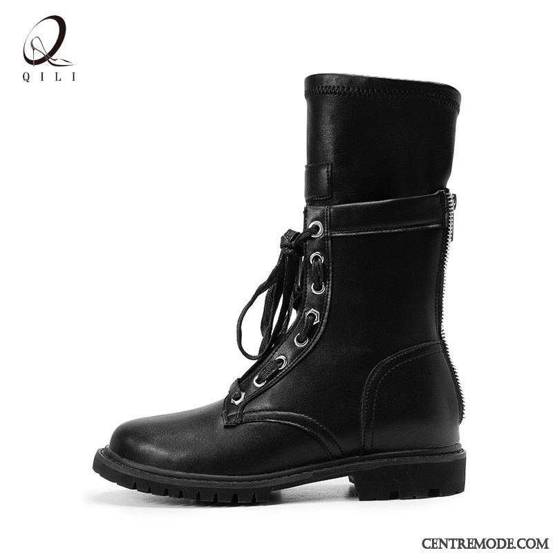 Bottes Femme Semelle Épaisse Bottes Courtes Bottes Martin Angleterre Les Bretelles Milieu Noir