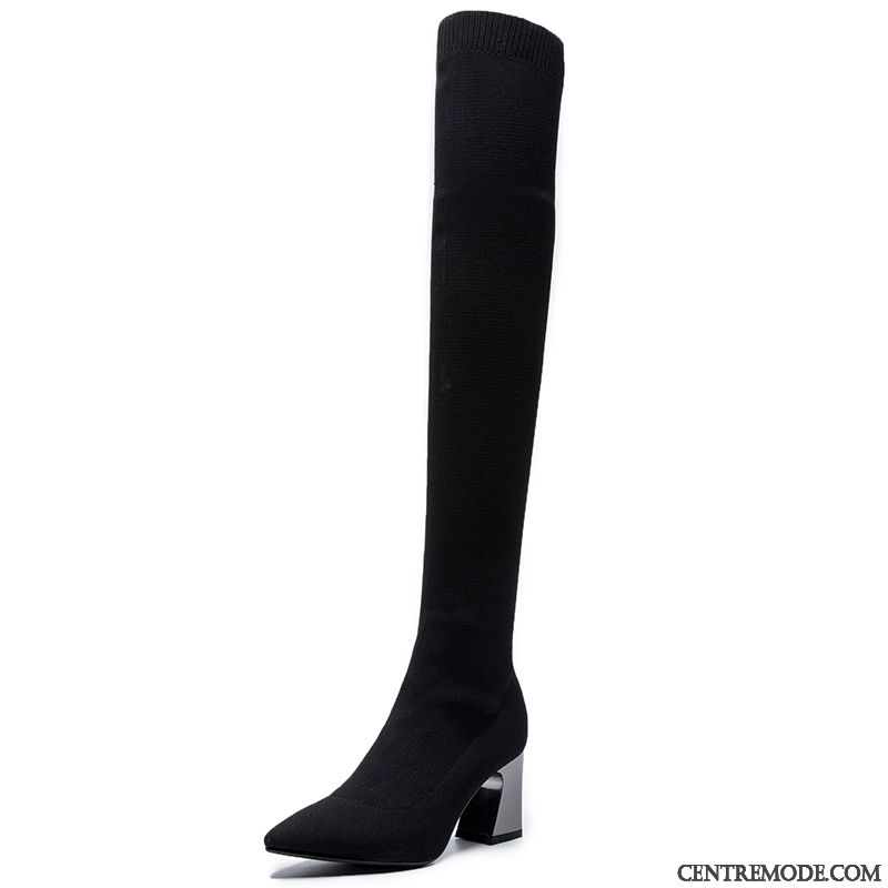 Bottes Femme Élasticité Longue Talons Hauts Hiver Chaussette Haute Noir