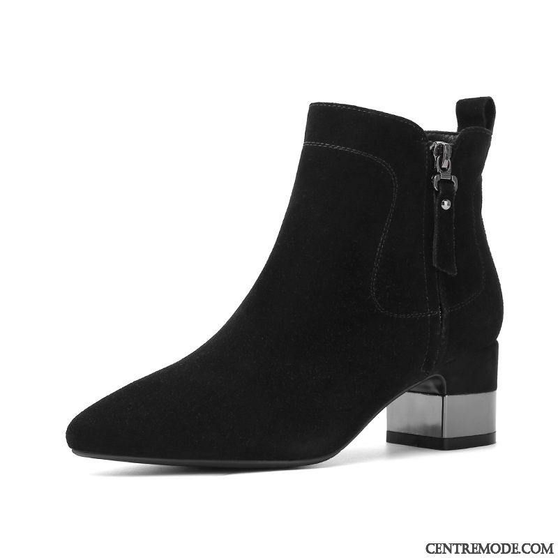 Bottes Femme Épais Hiver Cuir Véritable Fermeture Éclair L'automne Talon Moyen Noir Or