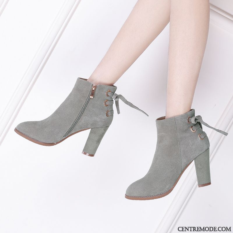 Bottes Femme Épais Talons Hauts L'automne Bottes Courtes Tous Les Assortis Délavé En Daim Gris