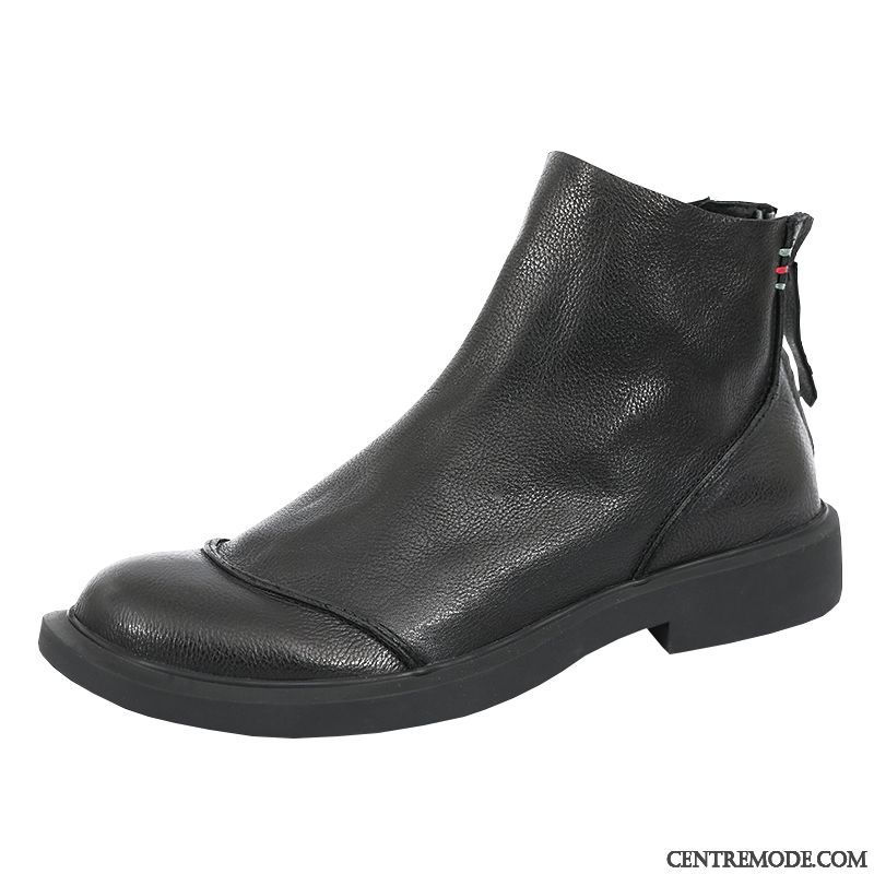 Bottes Homme Bout Rond Fermeture Éclair Mode Cuir Véritable Bottes Martin En Cuir Noir