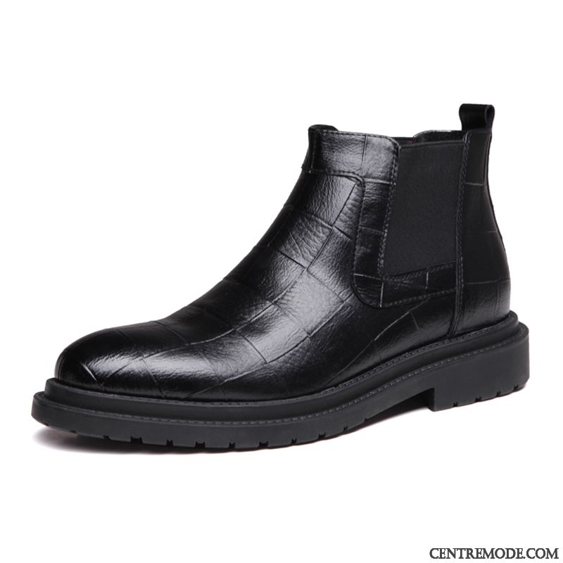 Bottes Homme Chaussures En Cuir Semelle Épaisse Cuir Véritable Pointe Pointue Bottes Martin Angleterre Noir