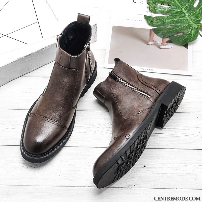 Bottes Homme Cuir Véritable Bottes Courtes Plus De Velours Chauds Chaussures En Cuir Hautes