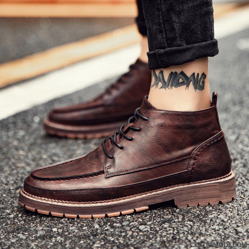 Bottes Homme Décontractée Tous Les Assortis Chaussures En Cuir Plus De Velours Tendance Bottes Courtes Marron