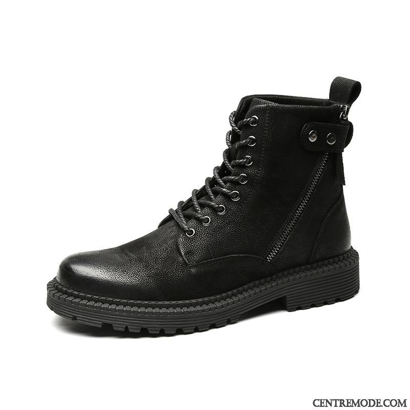 Bottes Homme Hautes Bottes Courtes Plus De Velours Bottes Martin Fermeture Éclair Cuir Véritable Noir