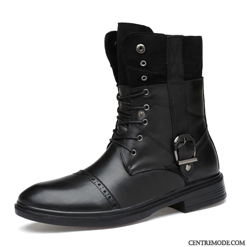 Bottes Homme Hautes Fermeture Éclair Cuir Véritable Hiver Angleterre Chauds Noir