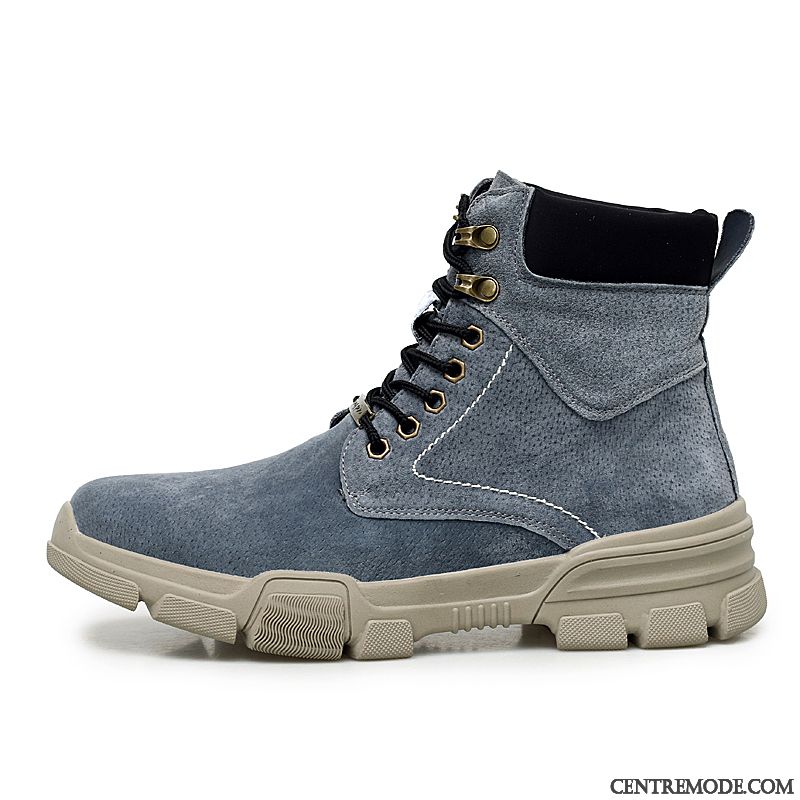 Bottes Homme Hiver Cuir Véritable Tendance Désert Bottes Martin Plus De Velours Bleu