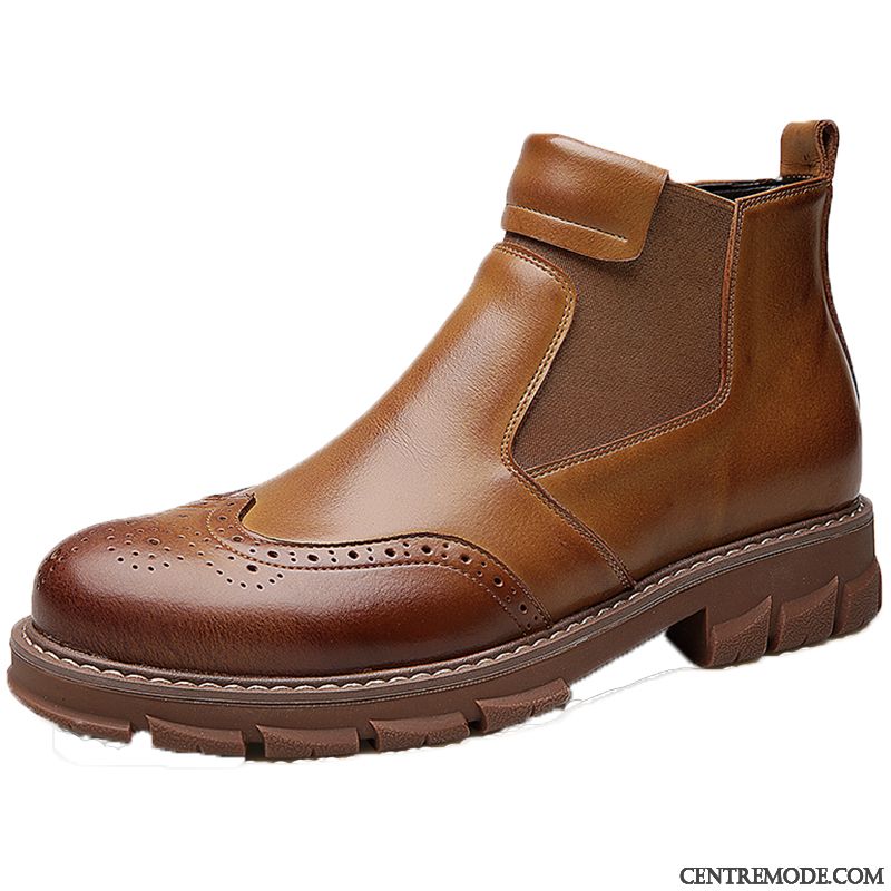 Bottes Homme Rétro Angleterre Fleur Bottes Martin Hautes En Cuir Brun