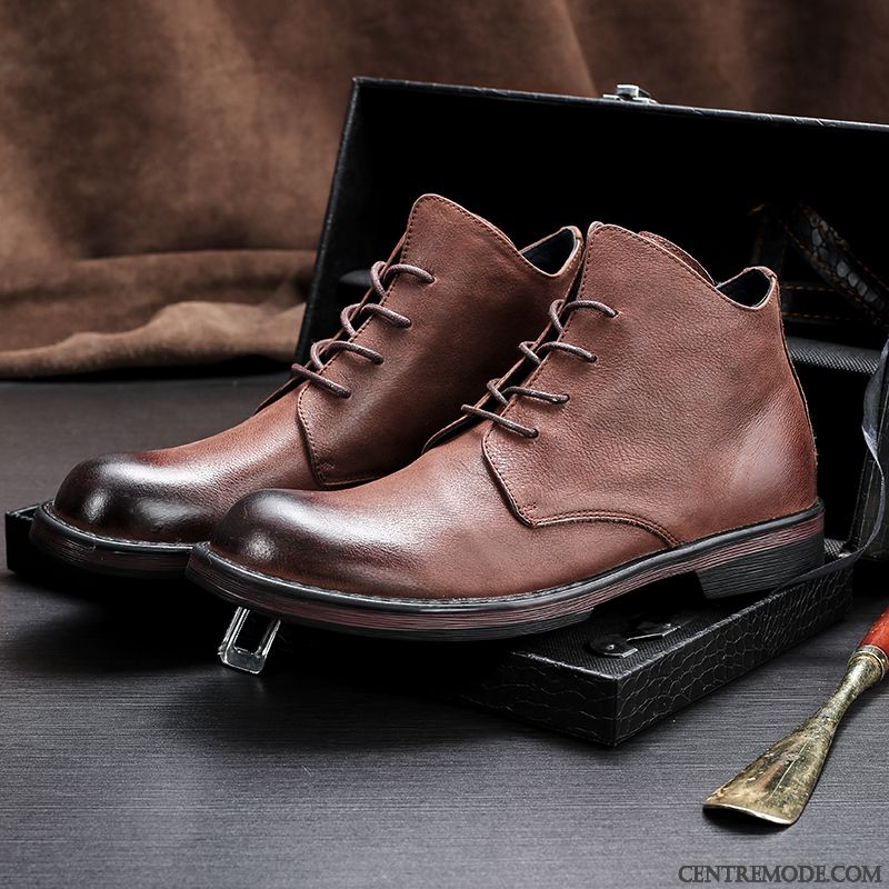 Bottes Homme Tendance Courte Angleterre Cuir Véritable L'automne Jeunesse Brun Foncé