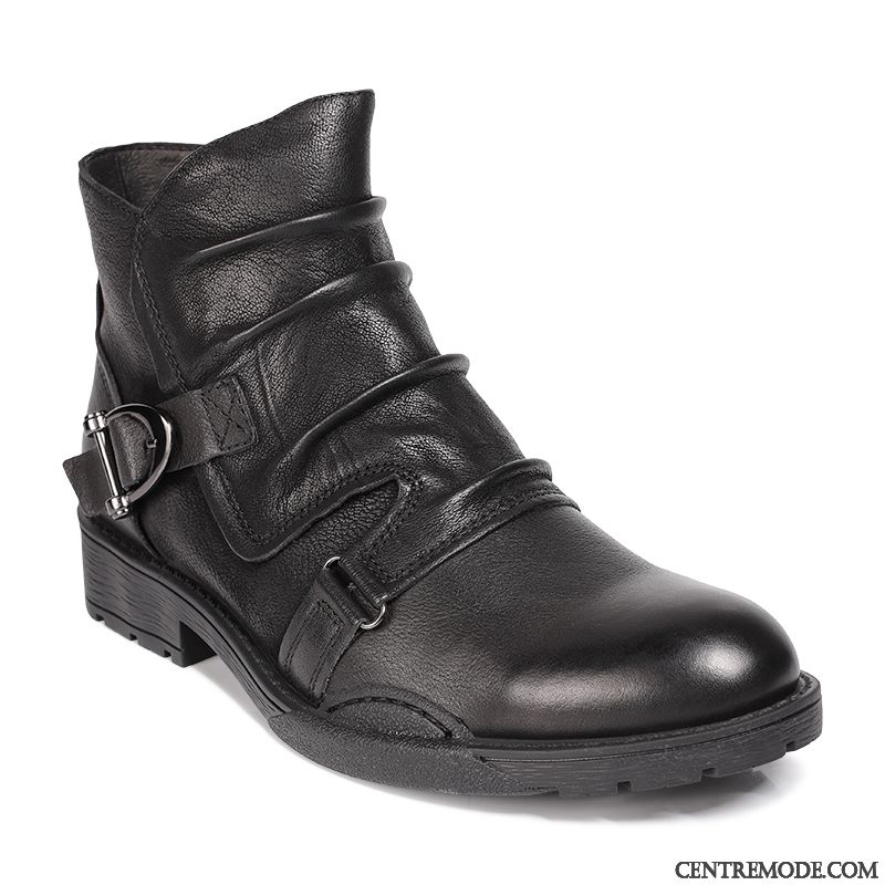 Bottes Homme Tendance Cuir Véritable Bottes Martin Hautes Plus De Velours Rétro Noir