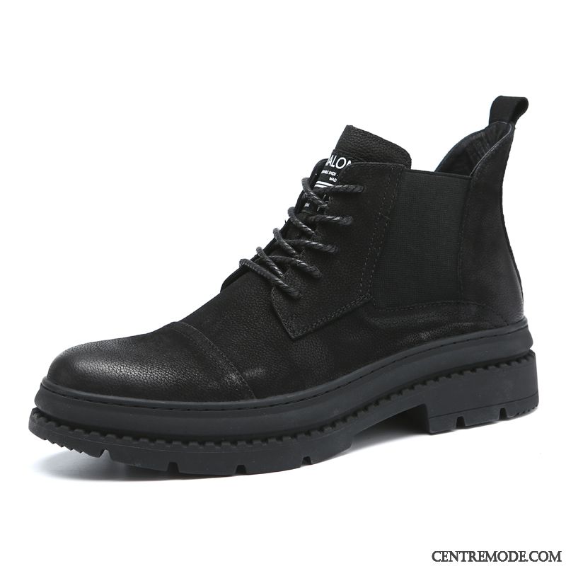 Bottes Homme Tendance Cuir Véritable Bureau Plus De Velours Décontractée Chaussures En Cuir Noir