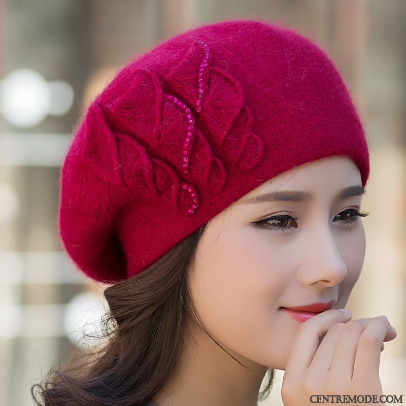 Casquette Femme Le Nouveau Charmant Tendance All-match Cheveux De Lapin L'automne Rouge