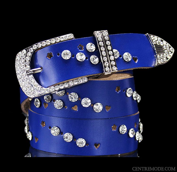 Ceinture Femme Cuir Véritable Boucle Décoration Jeans Pierres De Strass Mode Bleu