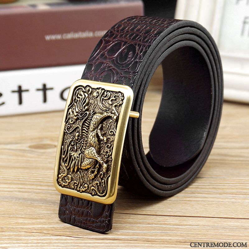 Ceinture Homme Couche De Tête Cuir De Vache Lisse Crocodile Modèle Cuir Véritable Rétro Marron Or