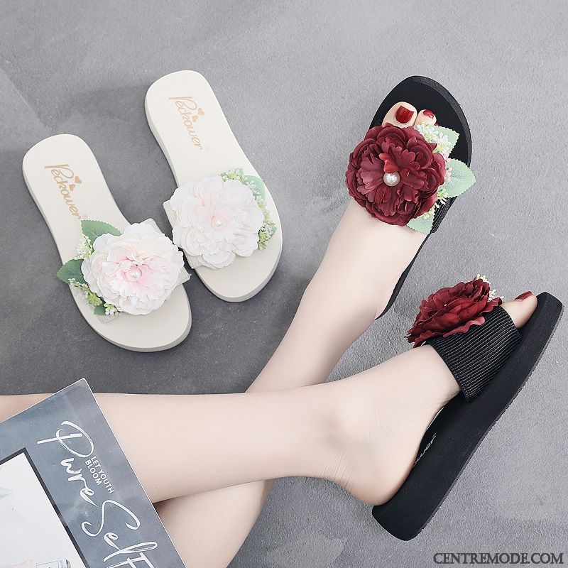 Chaussons Femme Fleurs Talon Moyen Plage Tongs Chaussons Talons Compensés Semelle Épaisse Rouge